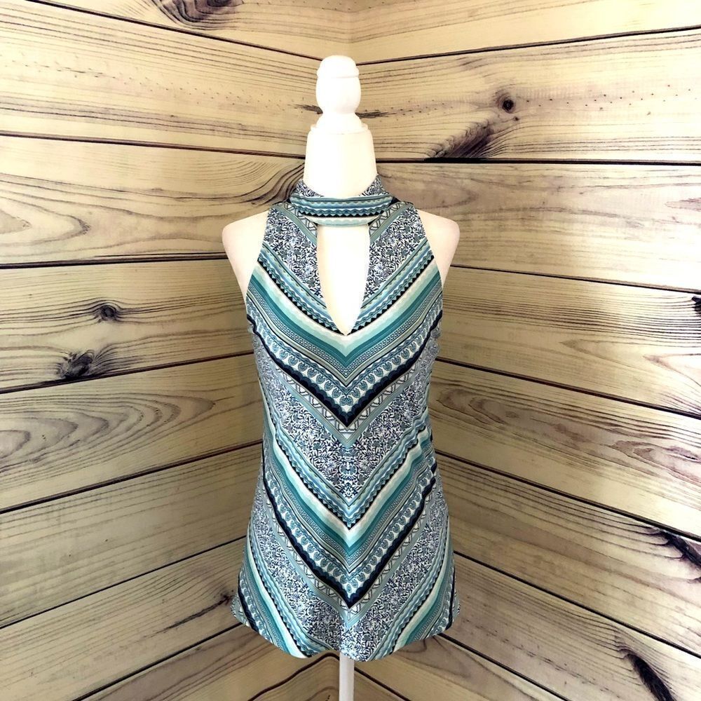 White House Black Market Blue Stripe Keyhole High Neck Halter Tank